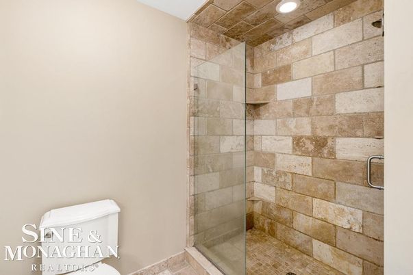 Bathroom, Glass Shower, Interior, Recessed Lighting, Stone Walls