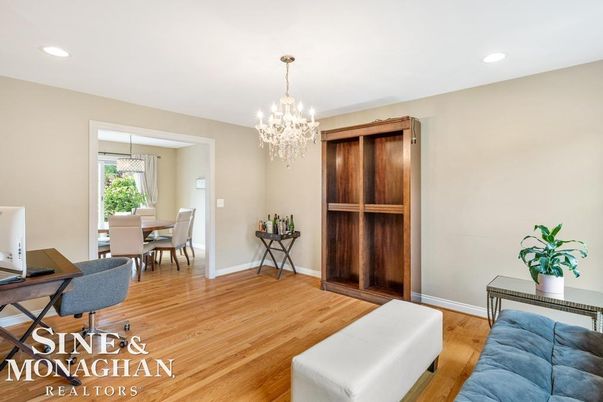 Chandelier, Home Office, Interior, Recessed Lighting, Wood Texture Flooring