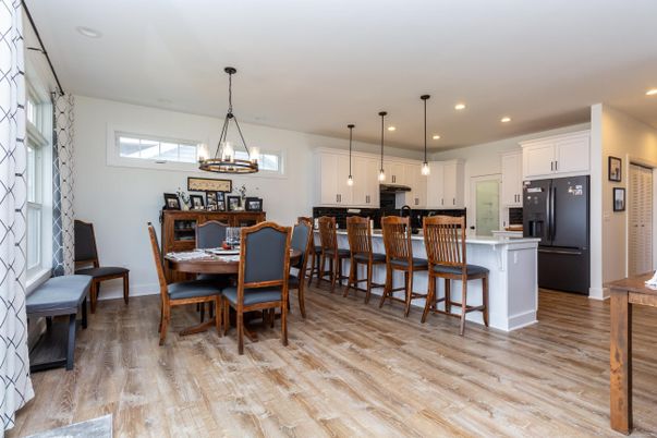 Dining room, Interior, Kitchen, Pendant Lights, Recessed Lighting, Wood Texture Flooring