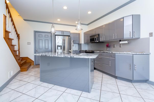 Interior, Kitchen, Marble, Pendant Lights, Recessed Lighting, Stainless Steel Appliances