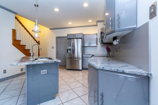 Interior, Kitchen, Marble, Pendant Lights, Recessed Lighting, Stainless Steel Appliances