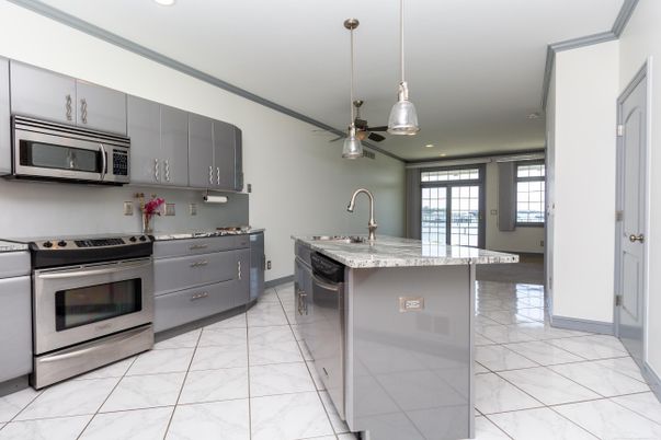 Interior, Kitchen, Marble, Pendant Lights, Recessed Lighting, Stainless Steel Appliances