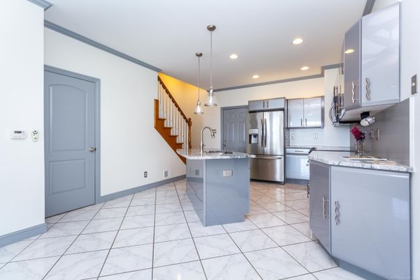 Interior, Kitchen, Marble, Pendant Lights, Recessed Lighting, Stainless Steel Appliances