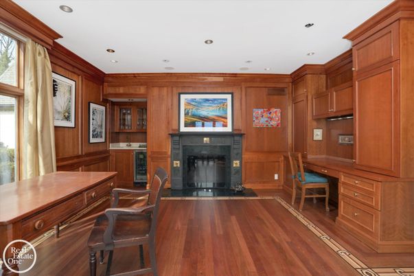 Fireplace, Home Office, Interior, Recessed Lighting, Wood Texture Flooring, Wooden Walls
