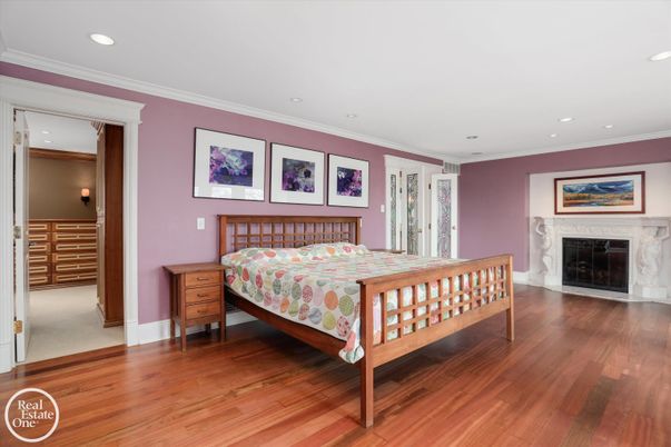 Bedroom, Fireplace, Interior, Recessed Lighting, Wood Texture Flooring