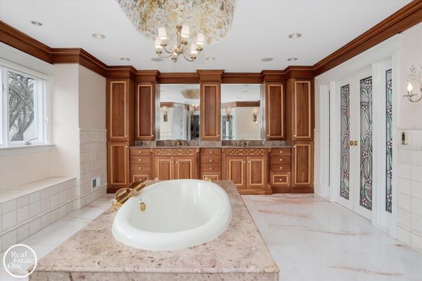 Bathroom, Chandelier, Dual Sink Vanities, Interior, Marble, Recessed Lighting