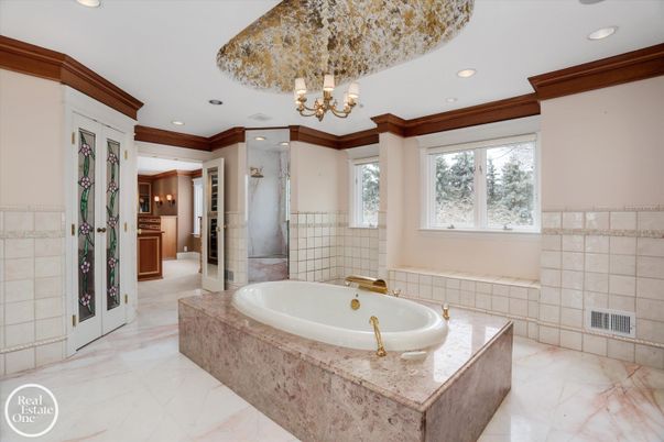 Bathroom, Chandelier, Interior, Marble, Recessed Lighting