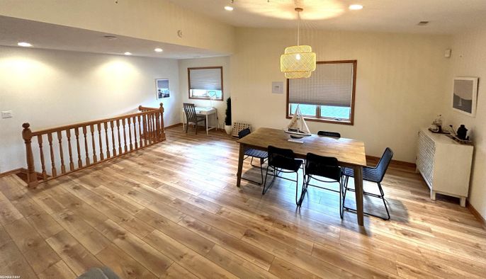 Dining room, Interior, Pendant Lights, Recessed Lighting, Wood Texture Flooring