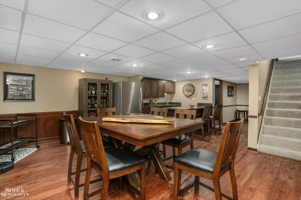 Dining room, Interior, Kitchen, Recessed Lighting, Stainless Steel Appliances, Wood Texture Flooring