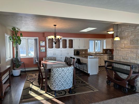 Chandelier, Dining room, Interior, Kitchen, Stone Walls, Wood Texture Flooring