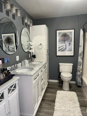 Bathroom, Dual Sink Vanities, Interior, Wood Texture Flooring