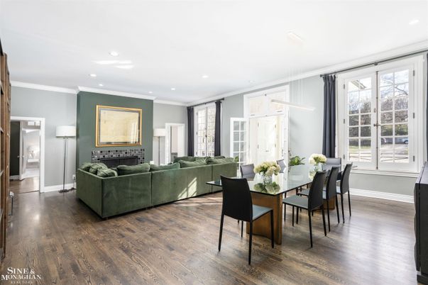 Dining room, Fireplace, Interior, Living room, Pendant Lights, Recessed Lighting, Wood Texture Flooring
