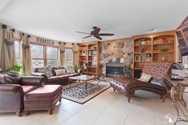 Fireplace, Interior, Living room, Recessed Lighting, Stone Walls