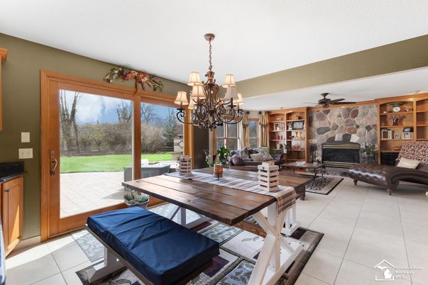 Chandelier, Dining room, Fireplace, Interior, Stone Walls