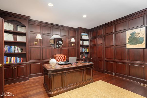 Home Office, Interior, Recessed Lighting, Wood Texture Flooring, Wooden Walls