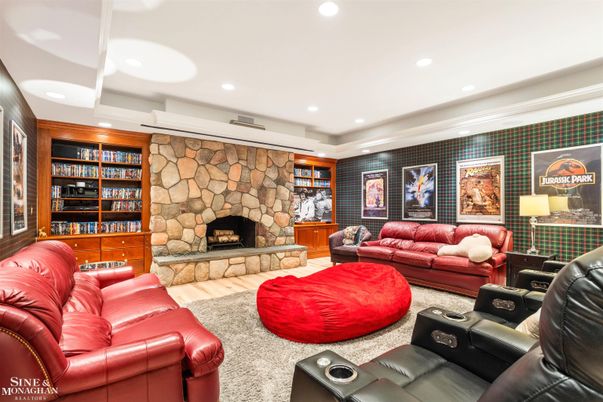 Home Theatre Room, Fireplace, Interior, Living room, Recessed Lighting, Stone Walls