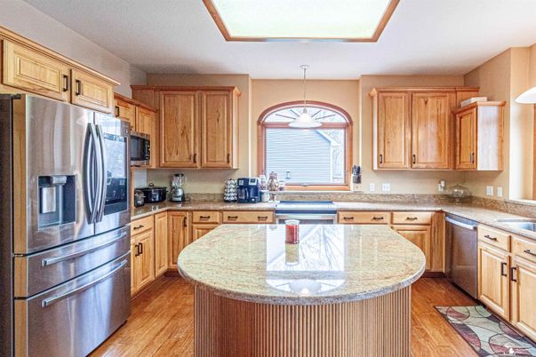 Chandelier, Interior, Kitchen, Pendant Lights, Stainless Steel Appliances, Wood Texture Flooring