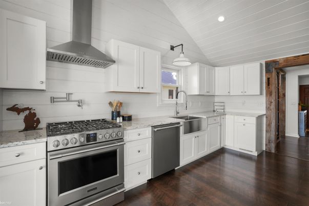 Interior, Kitchen, Pendant Lights, Recessed Lighting, Stainless Steel Appliances, Wood Texture Flooring
