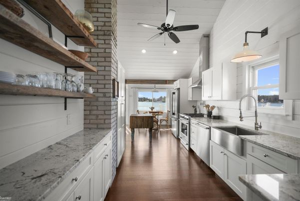 Dining room, Interior, Kitchen, Pendant Lights, Recessed Lighting, Stone Walls, Wood Texture Flooring
