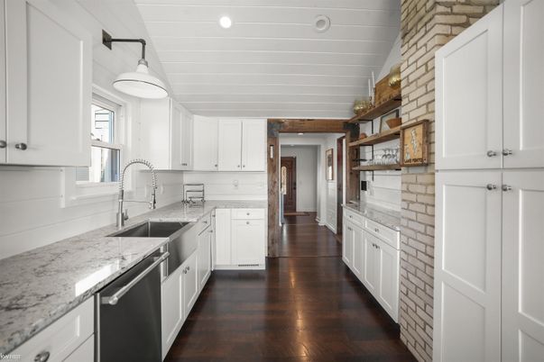 Interior, Kitchen, Pendant Lights, Recessed Lighting, Stone Walls, Wood Texture Flooring