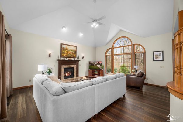 Fireplace, Interior, Living room, Recessed Lighting, Wood Texture Flooring