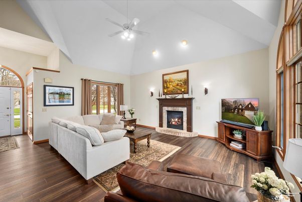 Fireplace, Interior, Living room, Recessed Lighting, Wood Texture Flooring