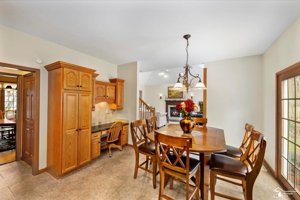 Dining room, Fireplace, Interior, Pendant Lights