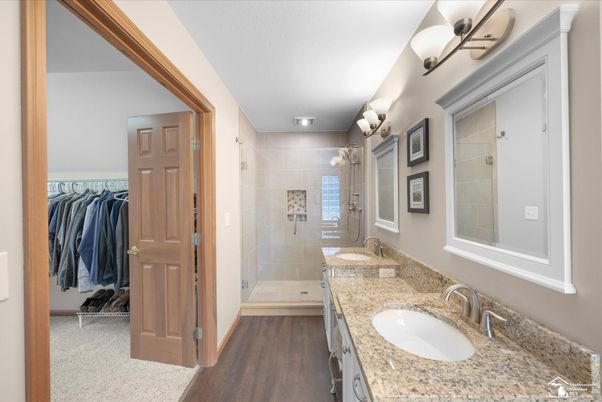 Bathroom, Dual Sink Vanities, Glass Shower, Interior, Walk-in Closets, Wood Texture Flooring