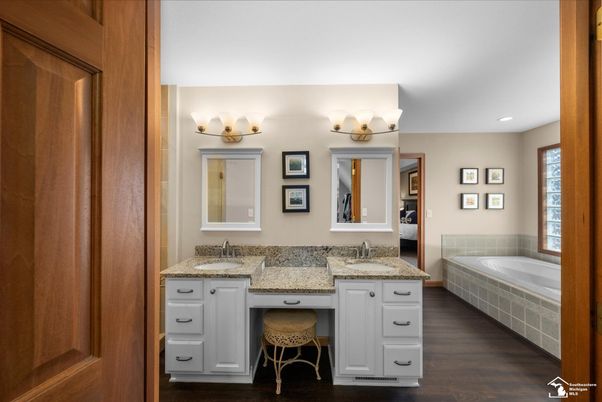 Bathroom, Dual Sink Vanities, Interior, Recessed Lighting, Wood Texture Flooring