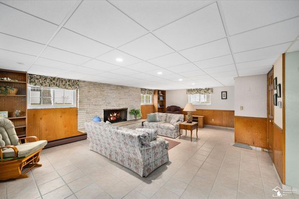Fireplace, Interior, Living room, Recessed Lighting, Stone Walls