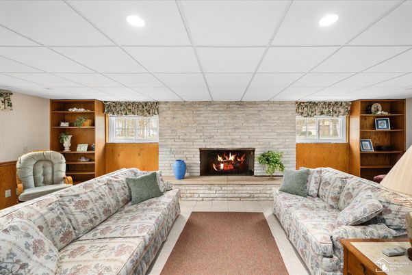 Fireplace, Interior, Living room, Recessed Lighting, Stone Walls