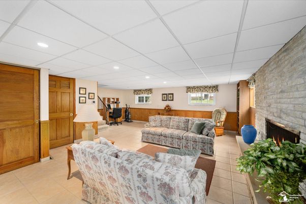 Fireplace, Interior, Living room, Recessed Lighting, Stone Walls