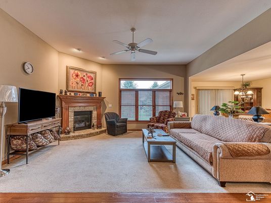 Chandelier, Dining room, Fireplace, Interior, Living room, Recessed Lighting, Wood Texture Flooring