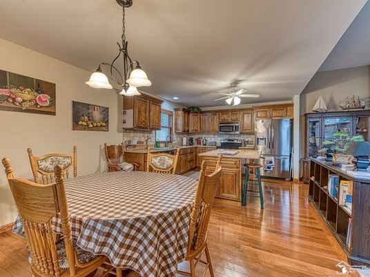 Dining room, Interior, Kitchen, Pendant Lights, Recessed Lighting, Stainless Steel Appliances, Wood Texture Flooring