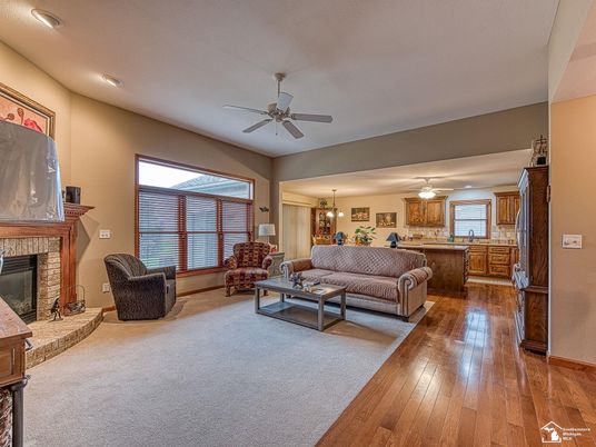 Fireplace, Interior, Kitchen, Living room, Recessed Lighting, Wood Texture Flooring