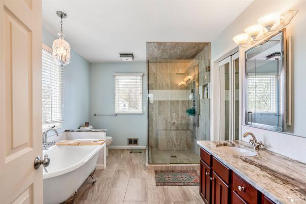 Bathroom, Dual Sink Vanities, Free Standing Baths, Glass Shower, Interior, Pendant Lights