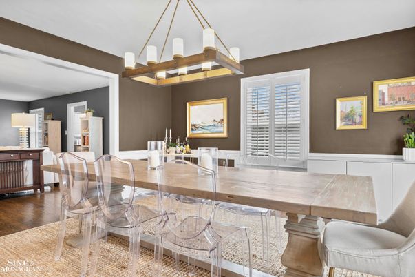 Dining room, Interior, Pendant Lights, Wood Texture Flooring