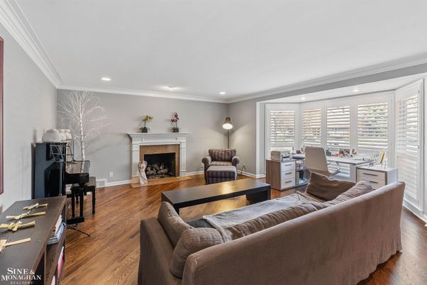 Fireplace, Home Office, Interior, Living room, Recessed Lighting, Wood Texture Flooring