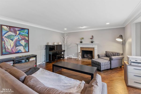 Fireplace, Interior, Living room, Piano, Recessed Lighting, Wood Texture Flooring