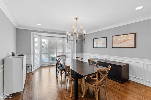 Chandelier, Dining room, Interior, Pendant Lights, Recessed Lighting, Wood Texture Flooring