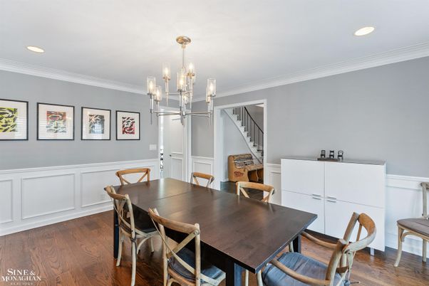 Chandelier, Dining room, Interior, Recessed Lighting, Wood Texture Flooring