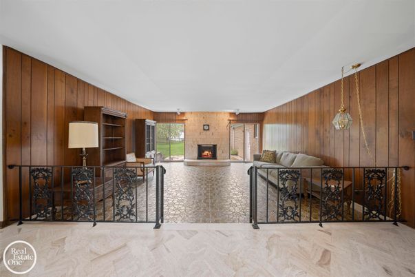 Fireplace, Interior, Living room, Pendant Lights, Wooden Walls