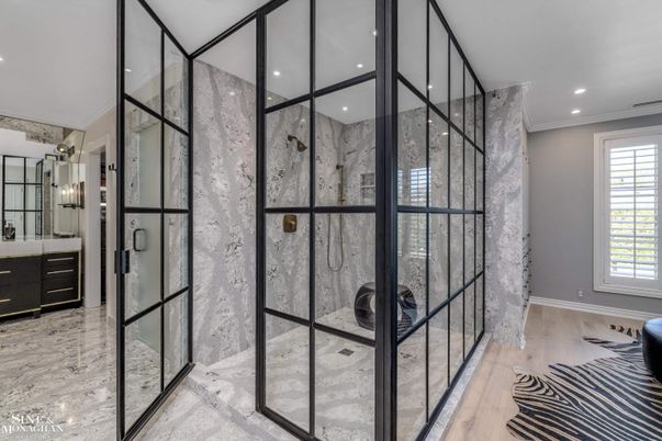 Bathroom, Glass Shower, Interior, Recessed Lighting, Wood Texture Flooring