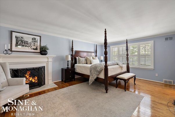 Bedroom, Fireplace, Interior, Wood Texture Flooring