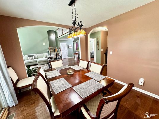 Dining room, Interior, Living room, Pendant Lights, Wood Texture Flooring