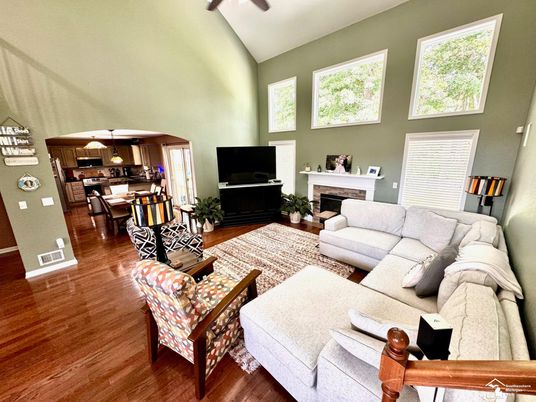 Dining room, Fireplace, Interior, Kitchen, Living room, Pendant Lights, Wood Texture Flooring