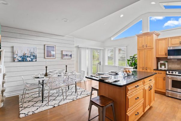 Dining room, Interior, Kitchen, Recessed Lighting, Stainless Steel Appliances, Wood Texture Flooring
