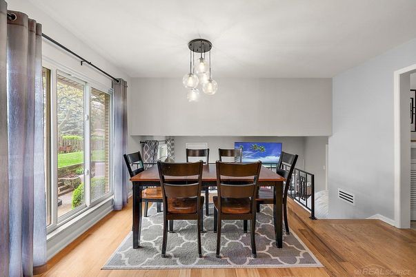 Dining room, Interior, Pendant Lights, Wood Texture Flooring