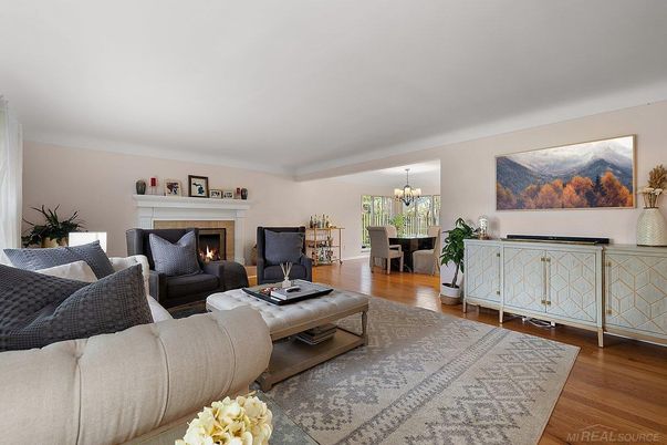 Chandelier, Dining room, Fireplace, Interior, Living room, Wood Texture Flooring