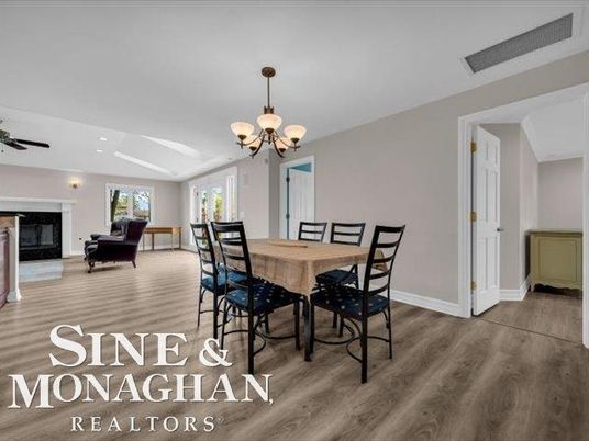 Chandelier, Dining room, Fireplace, Interior, Living room, Recessed Lighting, Wood Texture Flooring